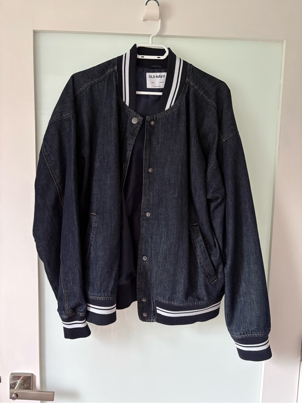 Old Navy Dark Denim Bomber Jacket with White-Striped Ribbing